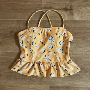 Super Cute Adjustable Yellow Floral Tankini Top Straight or Crossed Straps XS